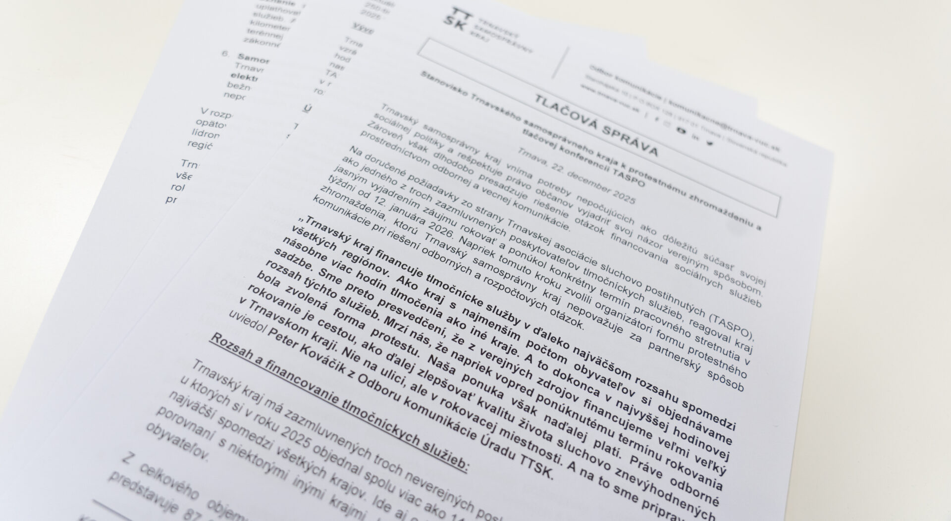 Stanovisko Trnavského samosprávneho kraja k protestnému zhromaždeniu a tlačovej konferencii TASPO